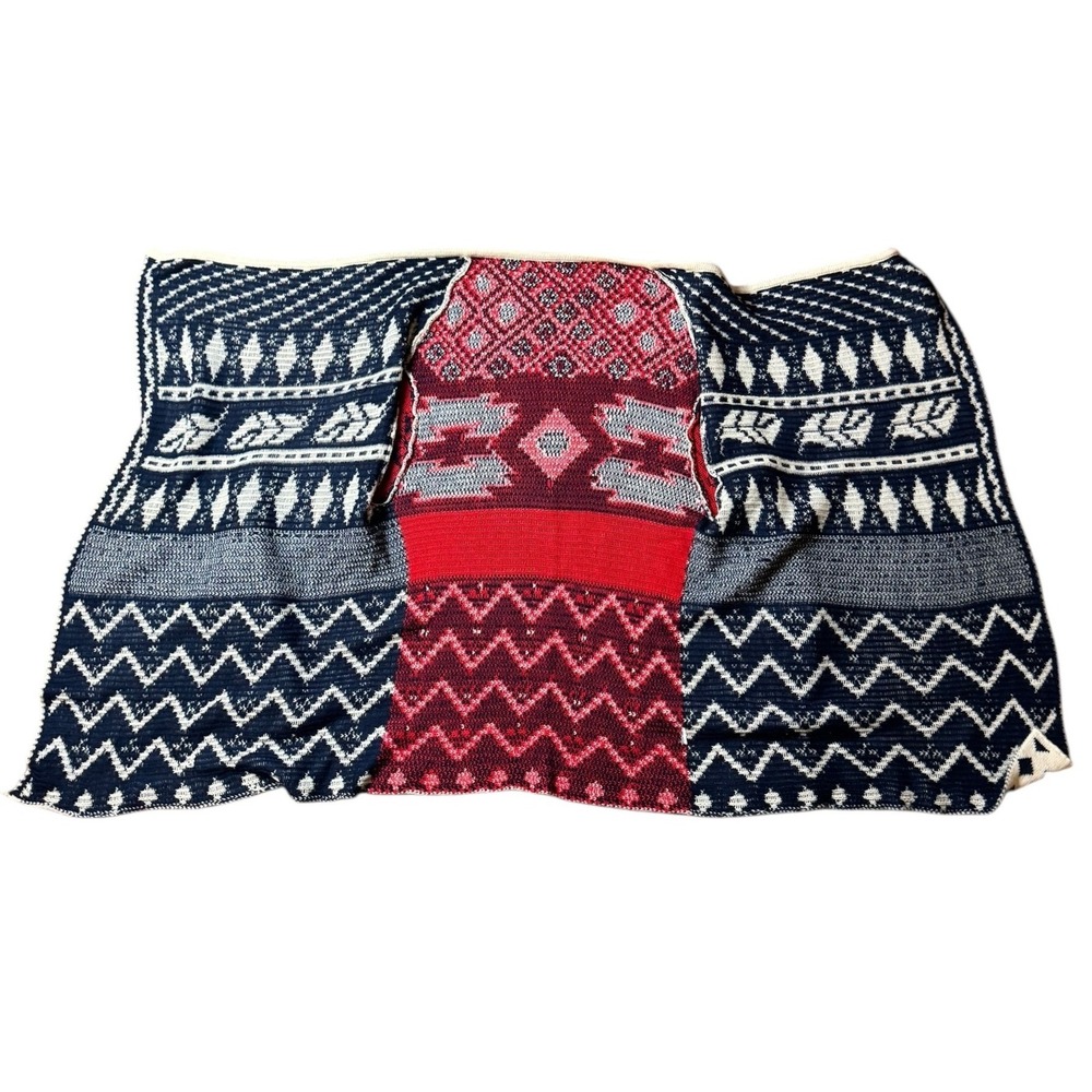 Southwestern Fair Isle Knit Open Front Cardigan Navy Cream Red Geometric Boho - Picture 3 of 8